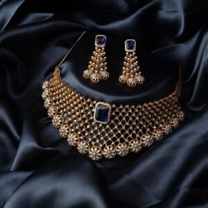 Royal Sapphire American Diamond Gold-Plated Choker Necklace Set with Blue Stone and Matching Earrings by Dazllin Jewels